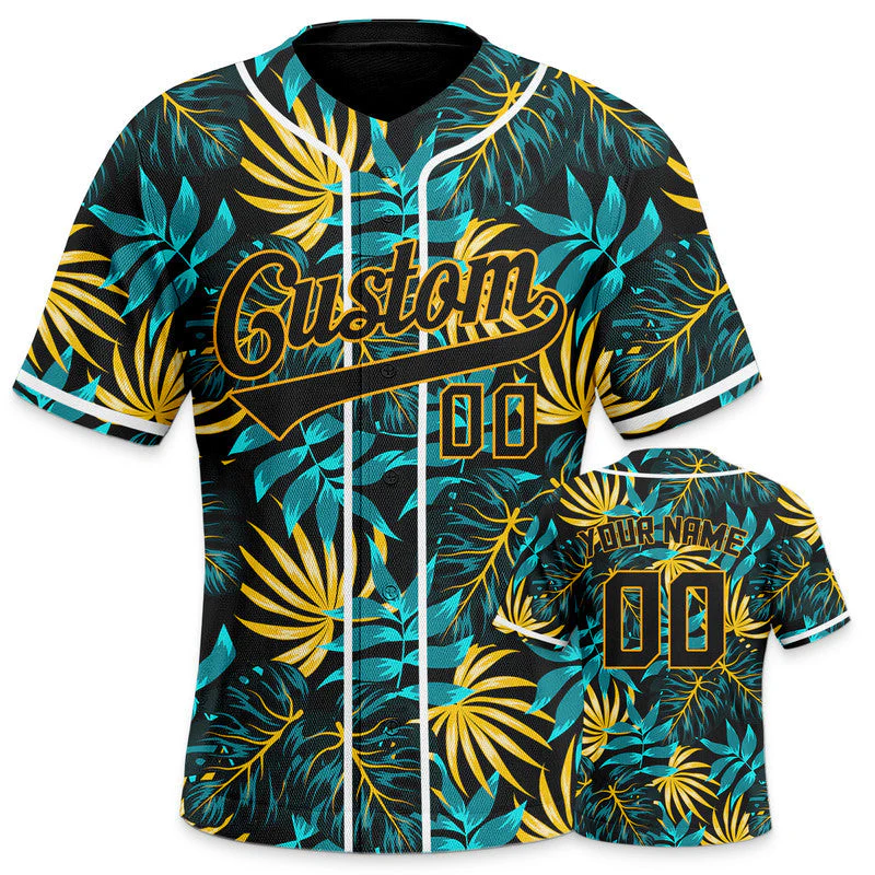 Custom Black Black-Gold 3D Pattern Design Tropical Plants Authentic Baseball Jersey