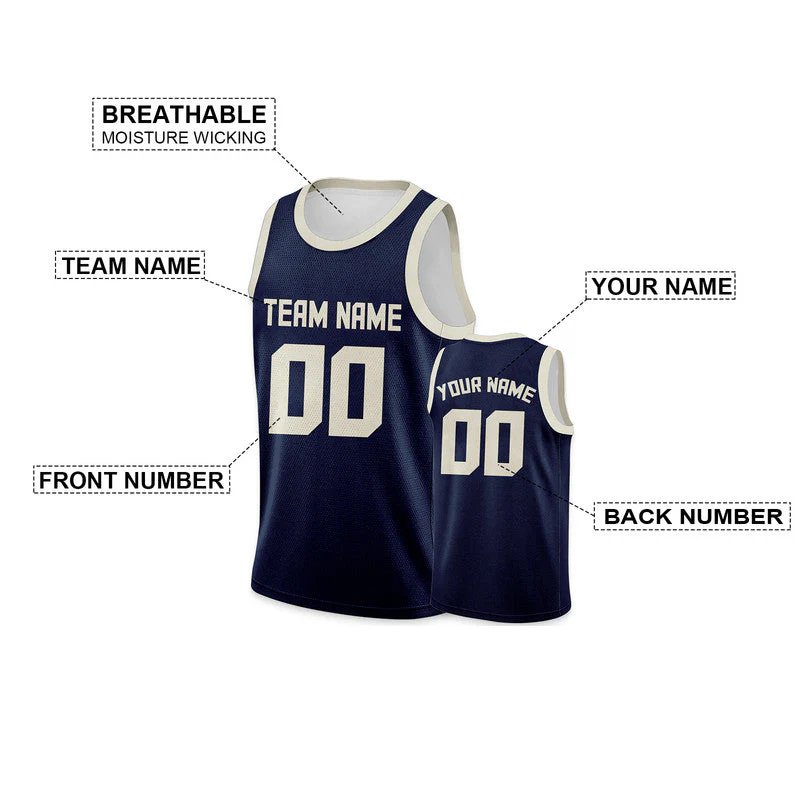 Custom Navy Cream Round Neck Rib-Knit Basketball Jersey