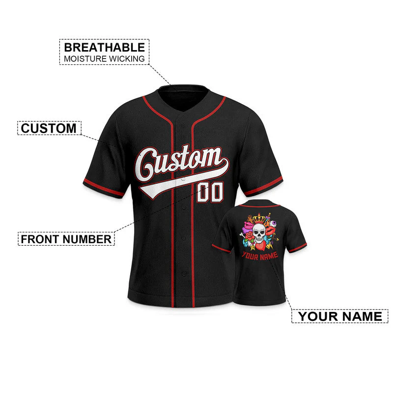 Custom Black White-Red Authentic Skull Fashion Baseball Jersey 2