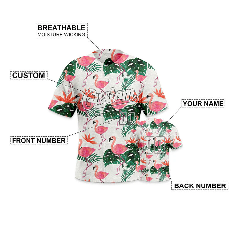 Custom White Pink-Green 3D Pattern Design Flamingo And Peacock Authentic Baseball Jersey