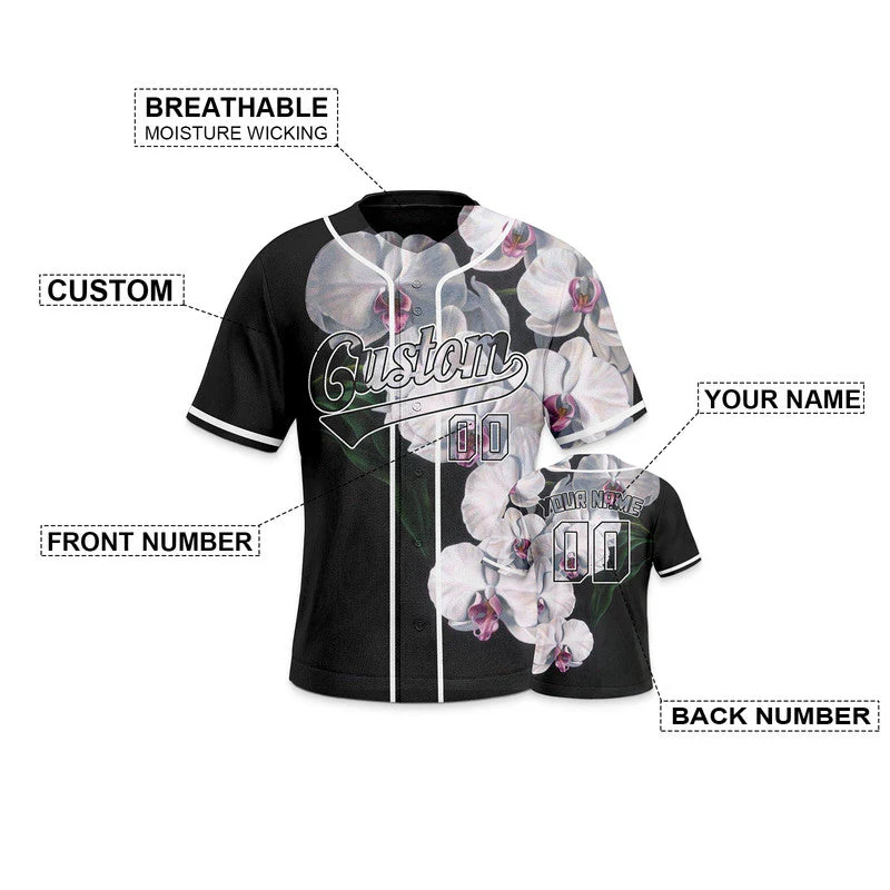 Custom Black White 3D Pattern Design Orchid Authentic Baseball Jersey