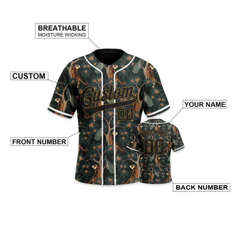 Custom Black Black-Old Gold 3D Pattern Design Tiger And Peacock Authentic Baseball Jersey