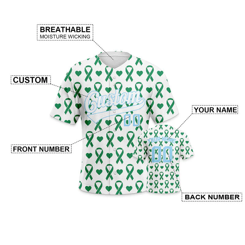 Custom Kelly Green White-Light Blue 3D Pattern Design Breast Cancer Authentic Baseball Jersey