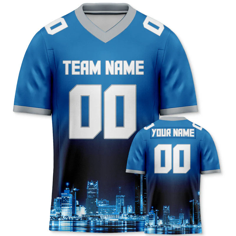 Custom 3D City Night Powder Blue White-Gray Authentic Football Silhouette Jersey