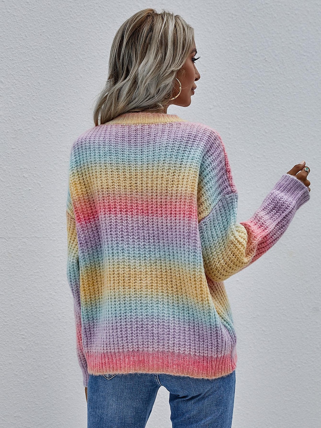 Color Block Chunky Knit Sweater Rainbow Purple Striped Knitwear